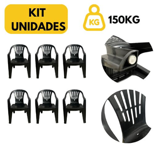 Kit 2-6 Cadeira Plástica Poltrona com Reforçada Premium Preta 150kg Resistente para Jardim Casa