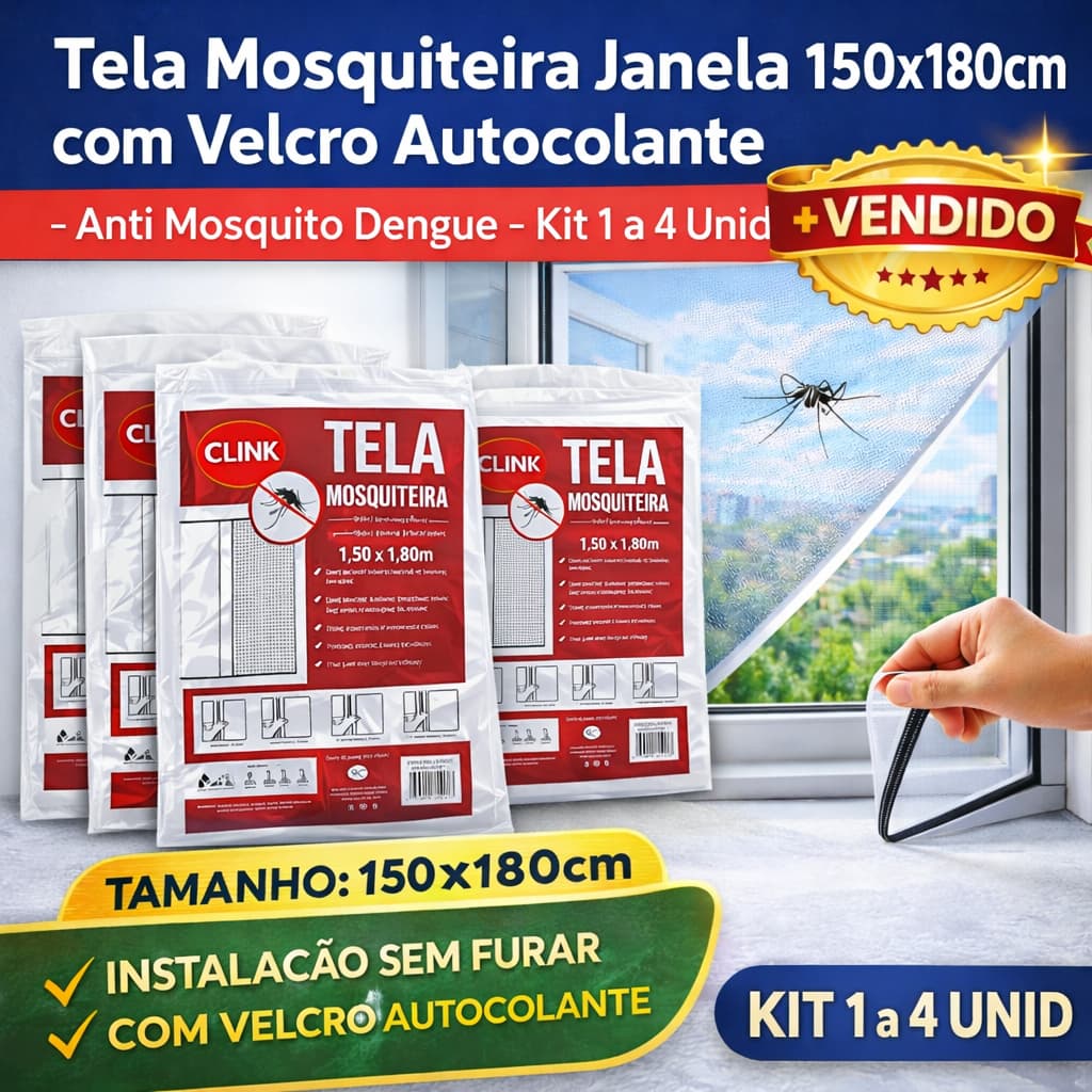 Tela Mosquiteira Janela 150x180cm com Velcro Autocolante – Anti Mosquito Dengue – Kit 1 a 4 Unid