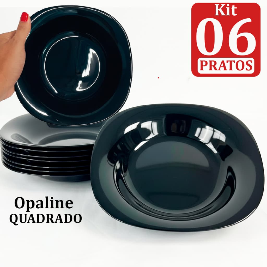 Kit Jogo 6 Pratos Quadrado Fundo Preto Opaline Liso Vidro Temperado 23cm Elegante Cozinha 6 Unidades