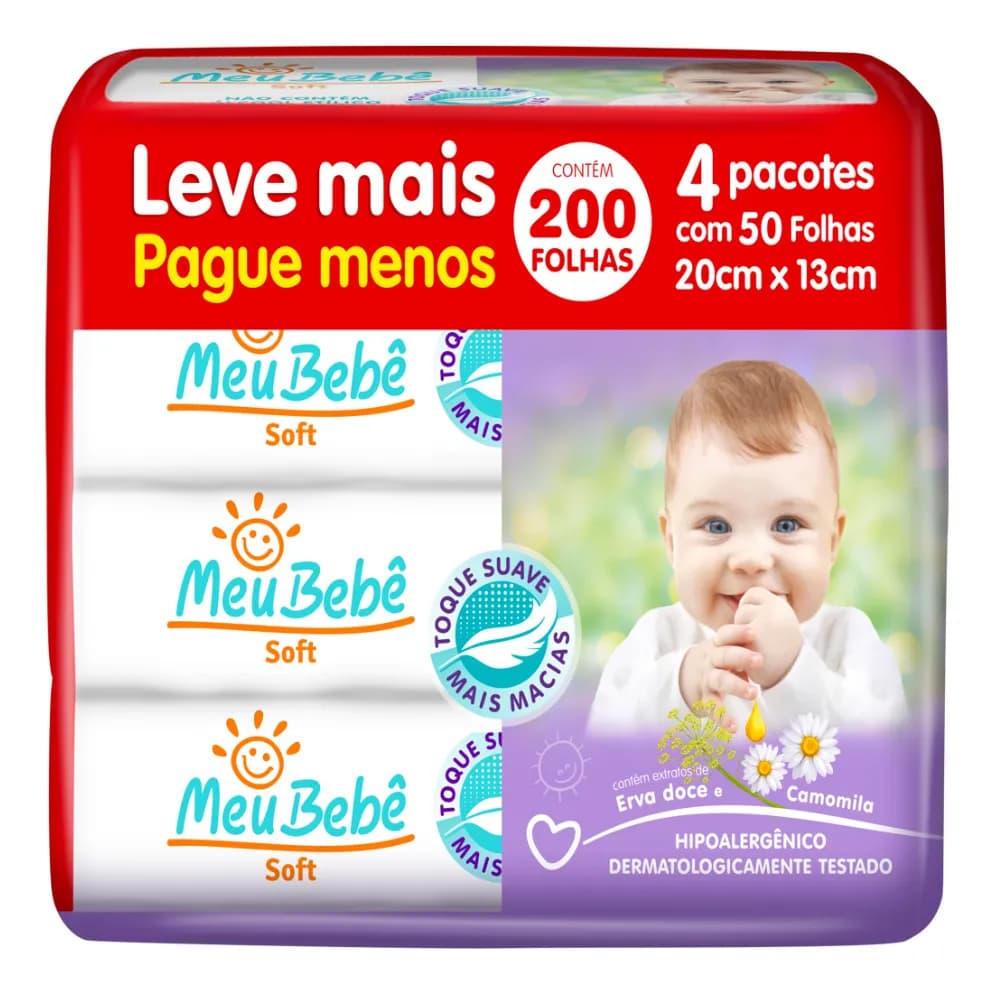 Lenço Toalha Umedecida Meu Bebe Soft 200 Folhas Pack 4x50