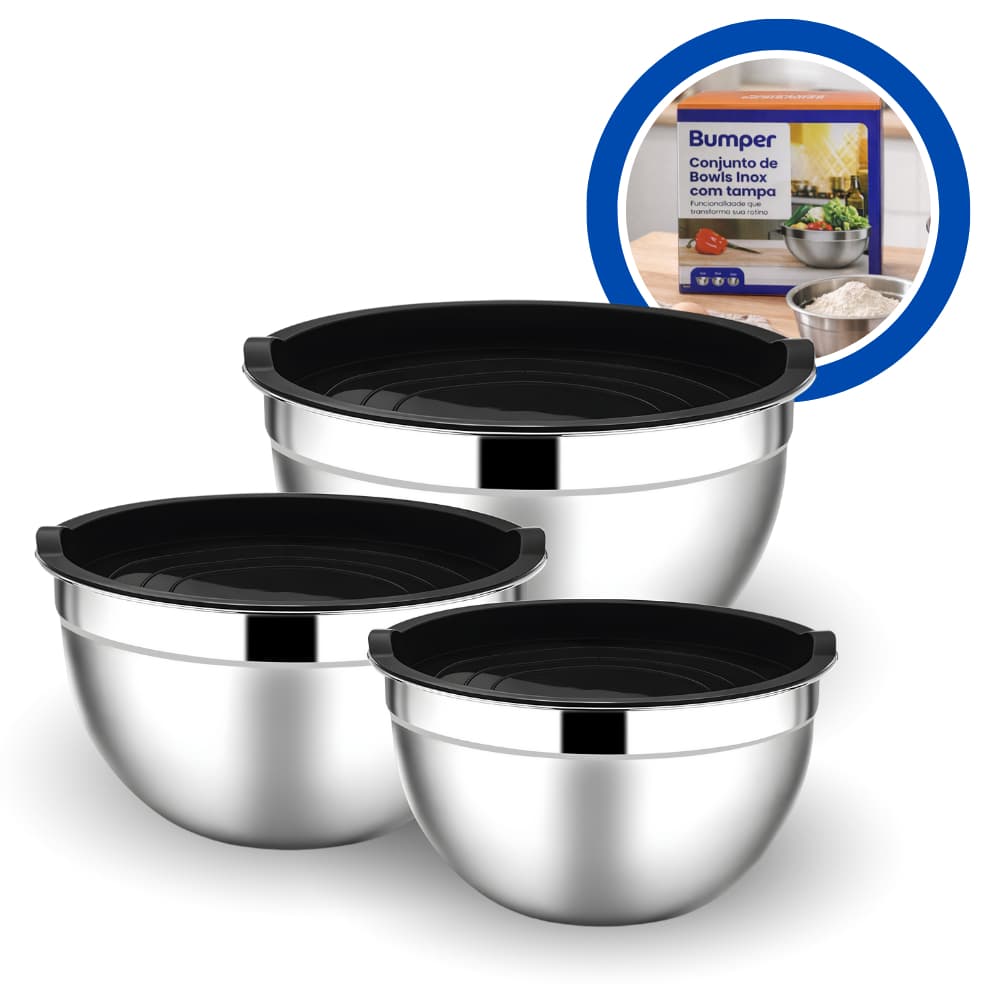 Conjunto De Bowls Tigela de Inox Com Tampa  Bumper