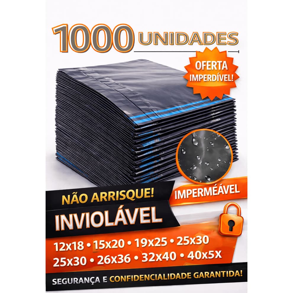 Kit 1000 Unidade Envelope Saco de Envio Embalagem Segurança 12x18 15x20 19x25 20x30 26x36 32x40