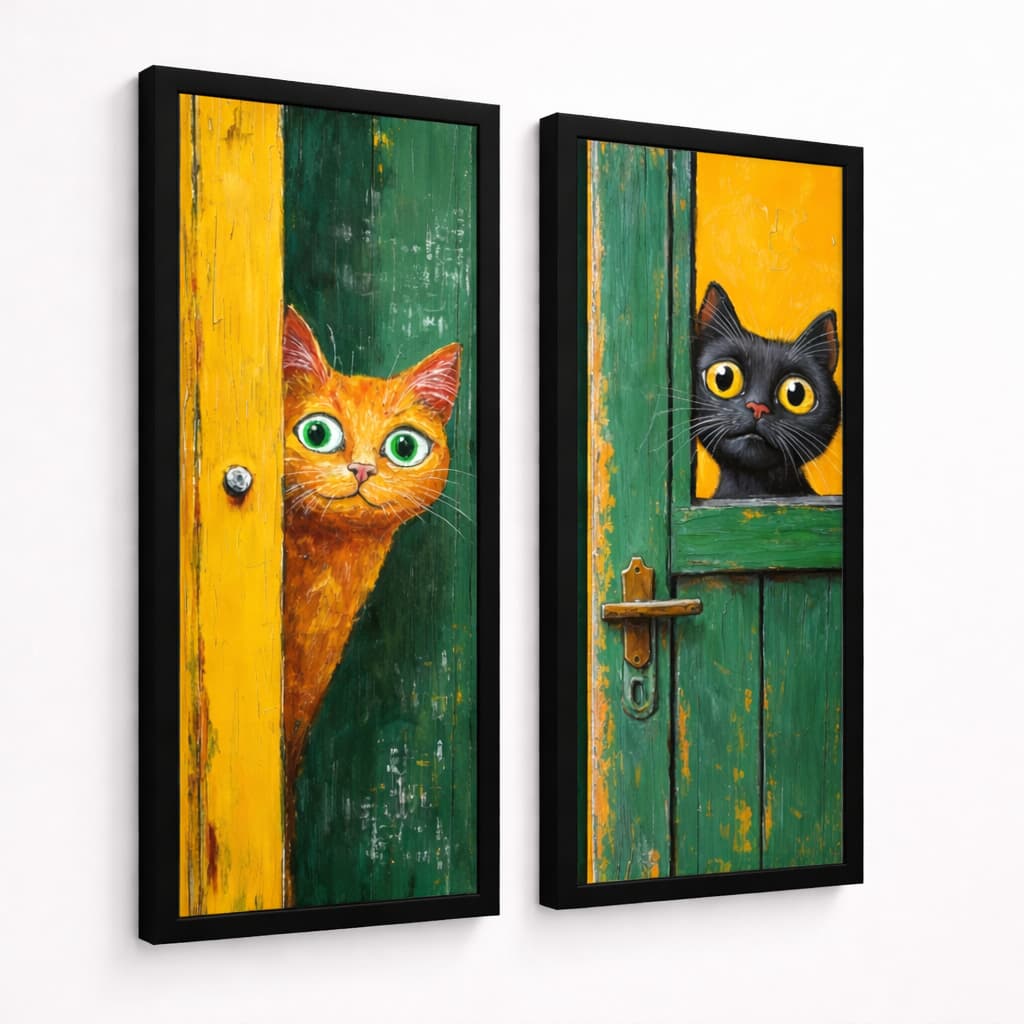 Kit 2 Quadros Decorativos Gatos Espiando pela Porta  Decoração Criativa Gatos Espiões