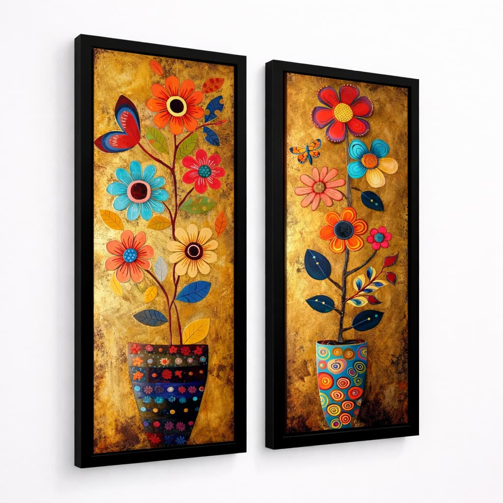 Kit 2 Quadros Decorativos Florais Coloridos Ambiente Moderno e Aconchegante, vasos, flores, pintura
