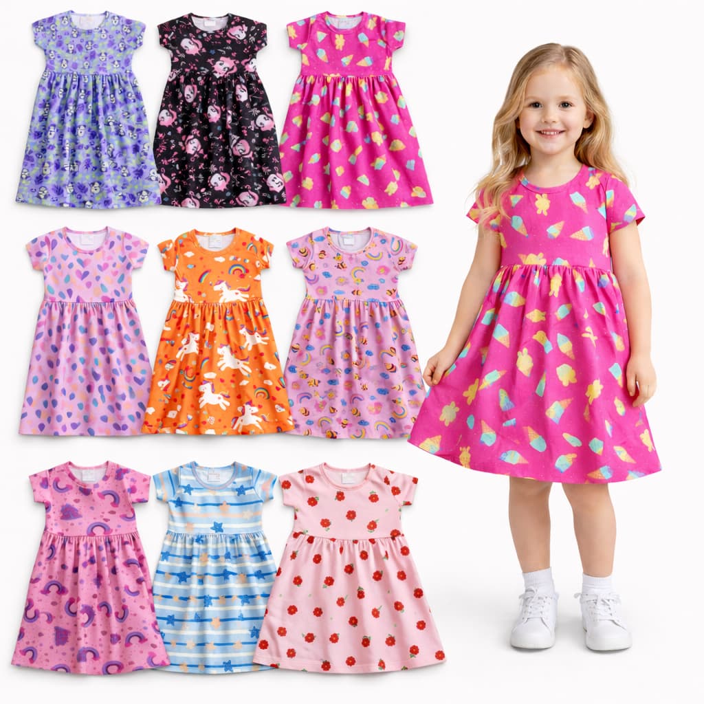 Kit 2 Vestidos Infantil Feminino Sortidos Manga Curta Estampados Algodão Moda Verão Menina | Tam 1 a 10 | REF 2405