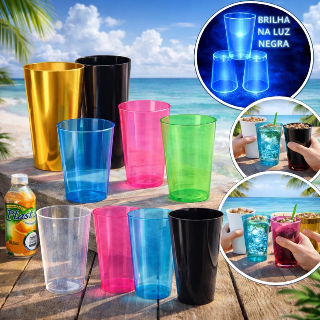 Kit 50 Copos Plastico Acrílico 300ml Lavável Descartável Resistente Colorido Festa Aniversário Descartaveis Agua Refri