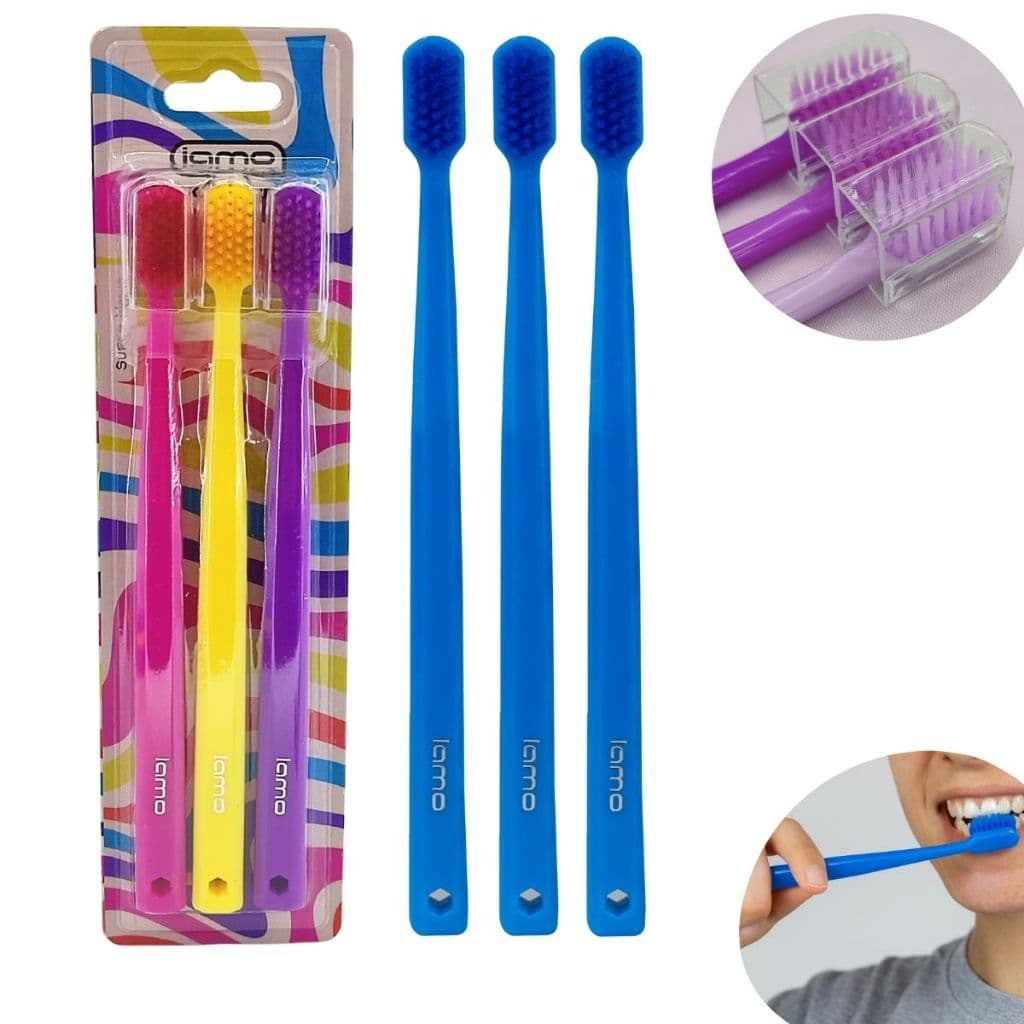 Kit Escova de Dente Adulto Lilas Azul Cerdas Macias com Capa Protetora Rosa 18cm Ideal para Viagem
