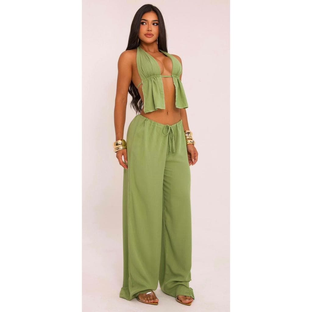Conjunto Feminino Calça E Cropped Linho Pantalona Wide Leg