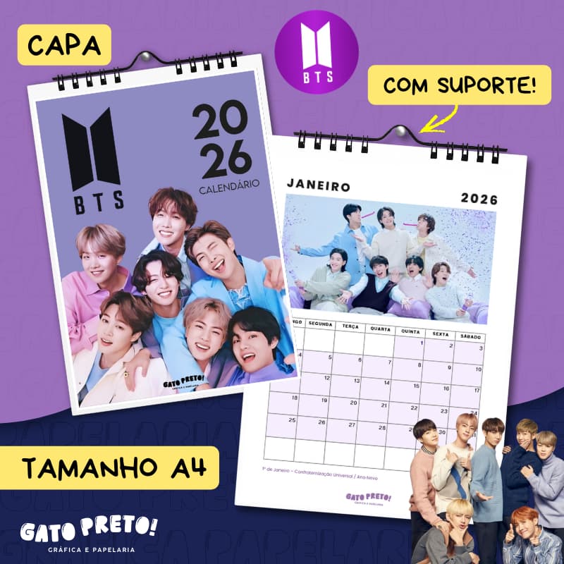 Calendário BTS 2026 A4 parede Decorativo – Kpop BT21  | Presente