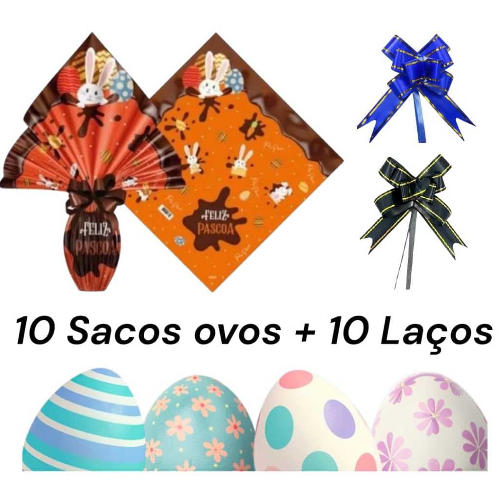Kit 10 Sacos metalizados para ovos de Páscoa + 10 laço fácil vários temas- Tamanho