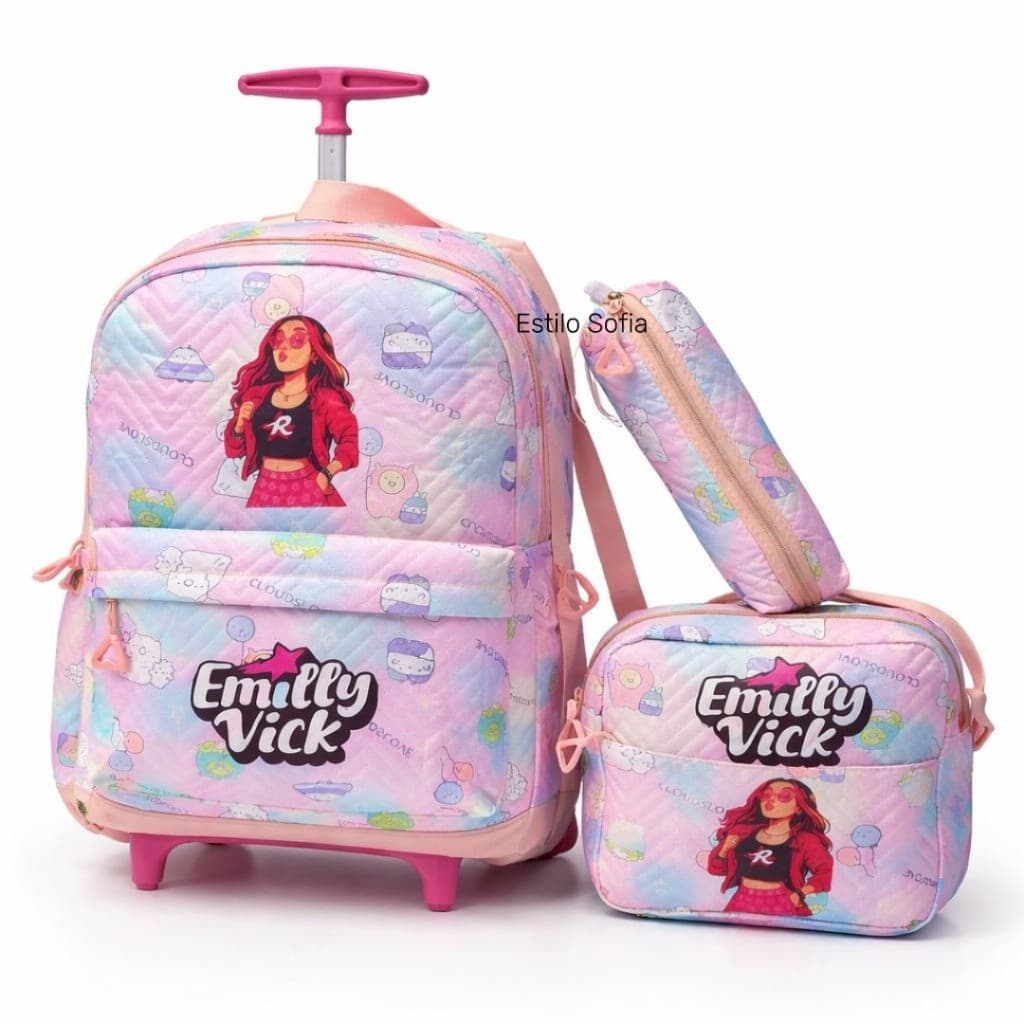 Kit Mochila Infantil com Rodinhas + Lancheira + Estojo Emilly Vick – Escolar Feminina Estampada