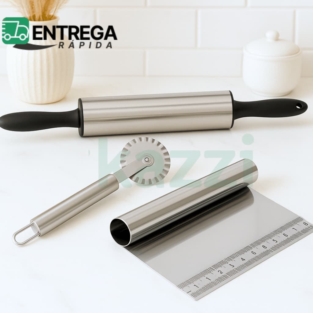 Kit 3, 2 ou 1 Peça Rolo de Massa Espátula Raspadora com Régua Carretilha Cortador de Massa de Pastel Inox