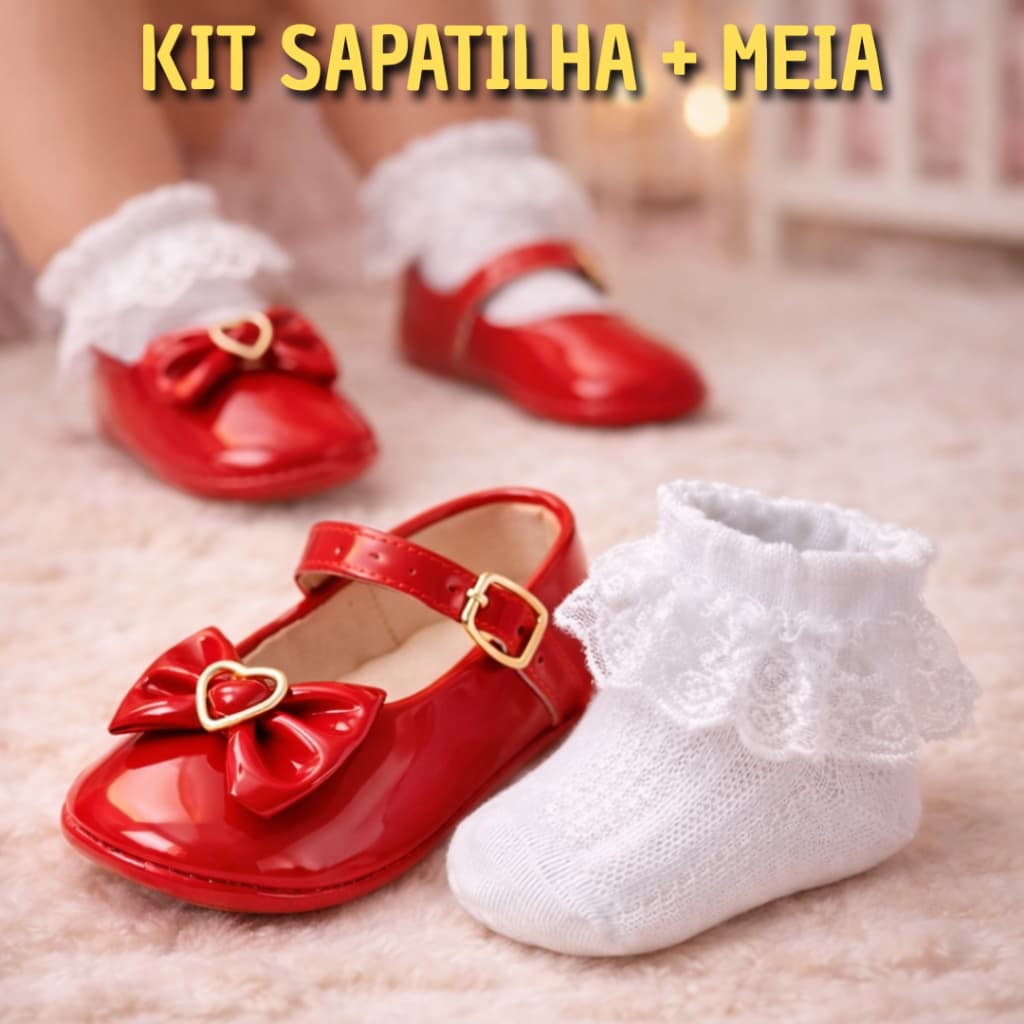 Kit Sapatilha Infantil com Meia de Renda – Charmosa, Delicada e Perfeita para Ocasiões Especiais