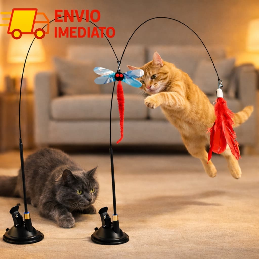 Brinquedo Varinha para Gato com Ventosa –Interativo com Pena ou Libélula
