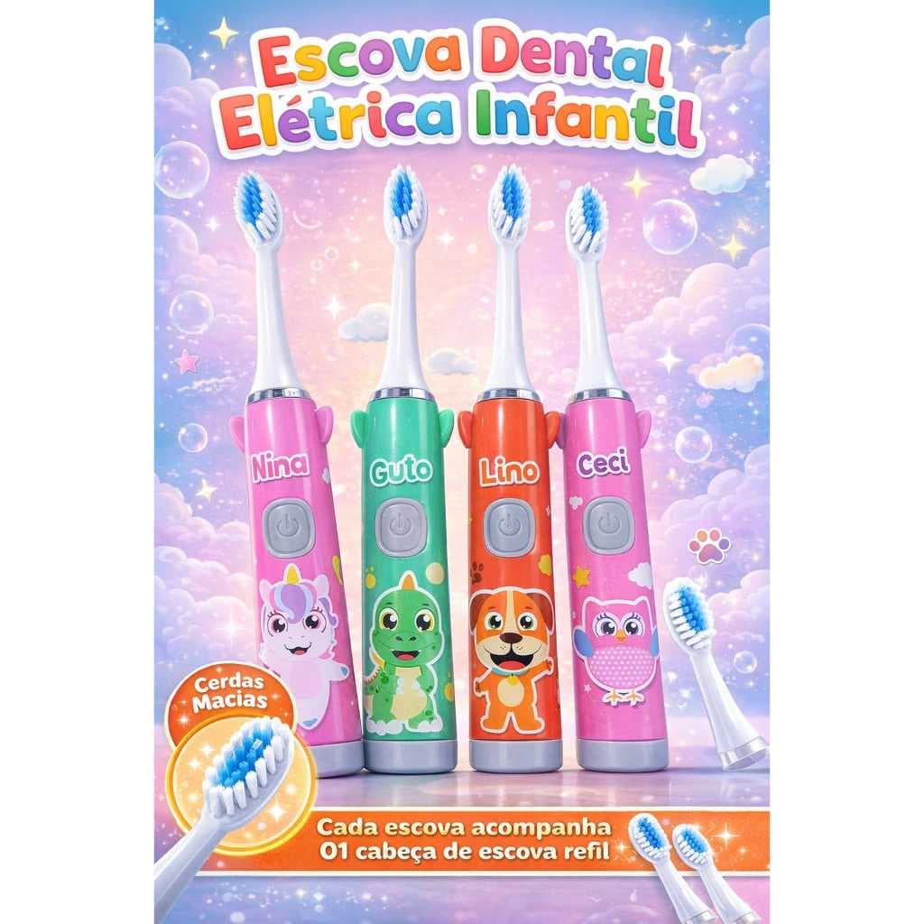 Escova Dental Infantil Elétrica + Refil – Cerdas Macias, Temporizador 2 min + Brinde