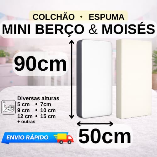 Colchão ou Espuma 90x50cm D18 Hipoalergênico para Mini Berço Moisés Altura Sob Medida Personalizada