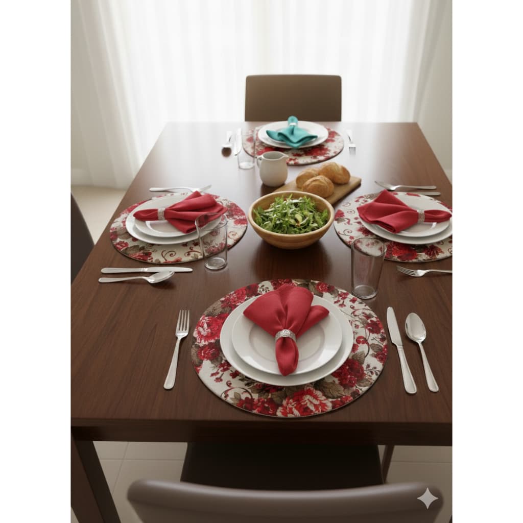 Kit 6 pçs Sousplat Porta Prato | 6 Guardanapos + 6 Capas + 6 Argolinhas