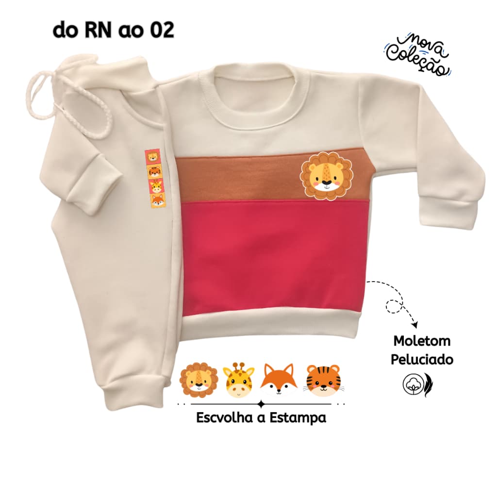 Conjunto de Moletom Infantil Bebê Menino Menina Peluciado Inverno Abrigo Suéter Frio Kit 2 peças Zoo