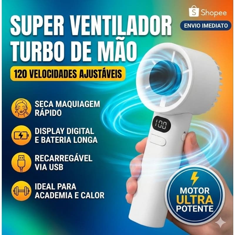 Mini Ventilador Portátil USB Recarregável Turbo 120 Velocidades Display Digital