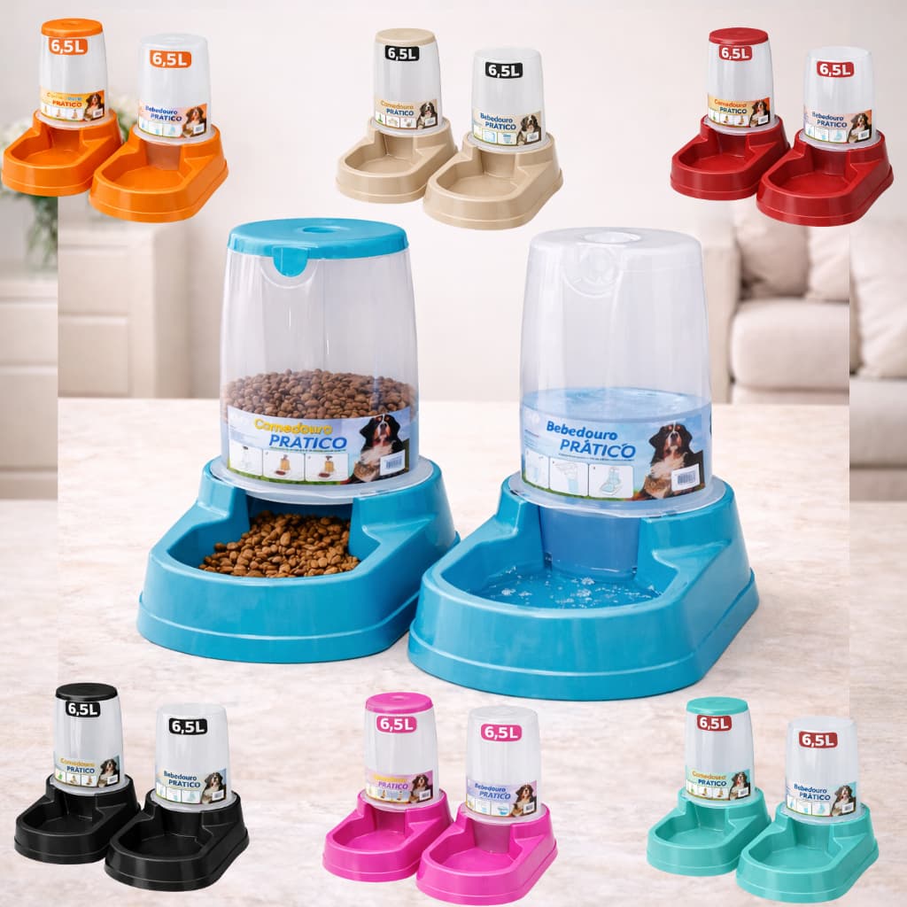Bebedouro Comedouro 6,5 e 3 Litros Automatico Pet Cachorro Gato Tijela Dispenser com Tampa