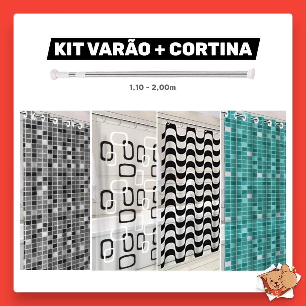 Kit Varão + Cortina para Box de Banheiro Bastão Extensível Alumínio 1,10m até 2,00m