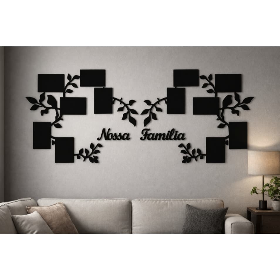 Porta-Retrato Nossa Família de Parede MDF 12 Fotos 10x15cm Decorativo 1,35Mx60cm