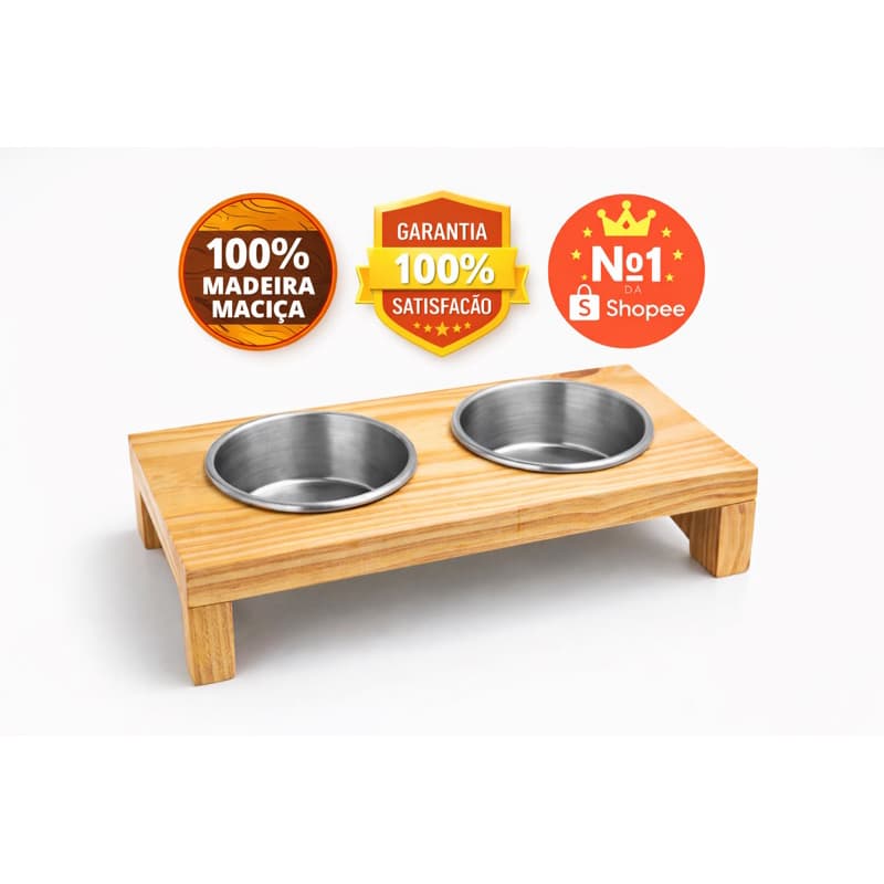 kit Comedouro Pet Elevado Madeira Pinus duplo Vasilhas Alumínio 300ml Lavável cachorro gato moderno