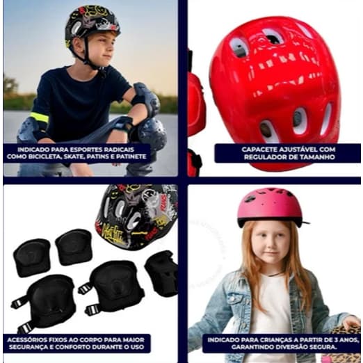 Kit Proteção Infantil 7 Peças Capacete Joelheira Cotoveleira Luvas - Bicicleta Patinete Skate Patins
