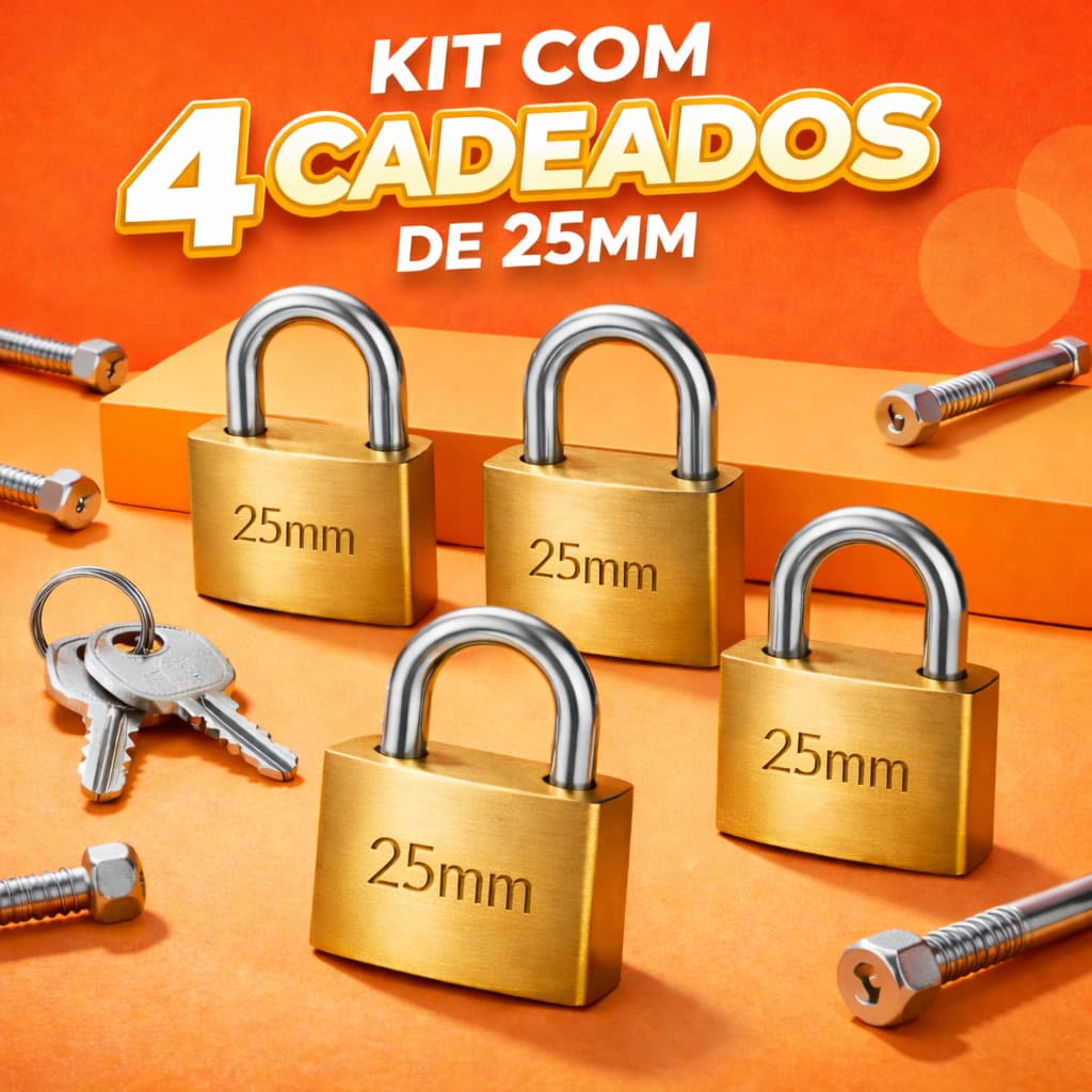 Kit 4 Cadeados 25mm Reforçados com 2 Chaves Cada | Cadeado Multiuso 2,6cm