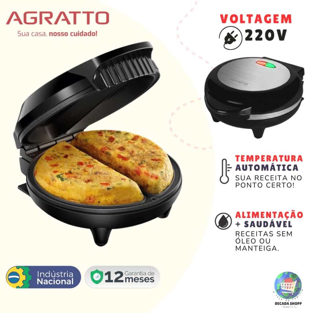 Omeleteira Elétrica Agratto 220V Antiaderente 800W Inox Dupla Luz Piloto Base Porta Fio - 2 Omeletes