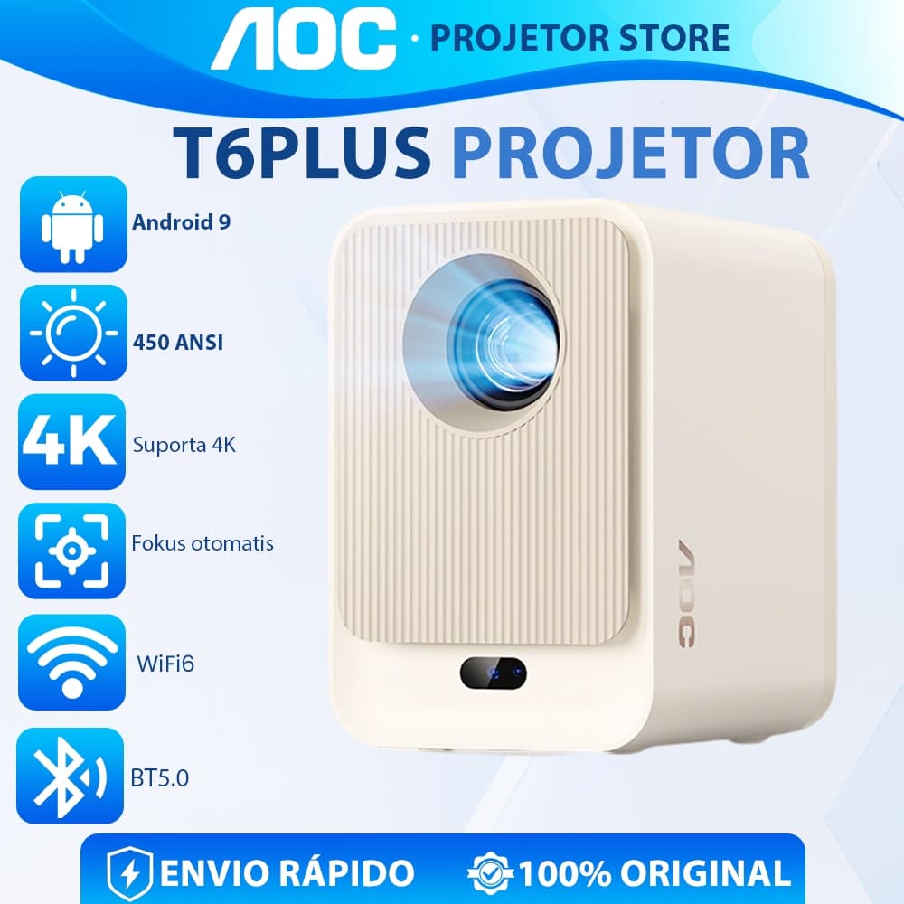 AOC Projetor Full HD 1080P LED Portátil Projetor 4k 450 ANSI Android 9 Wi-Fi Bluetooth Home Theater