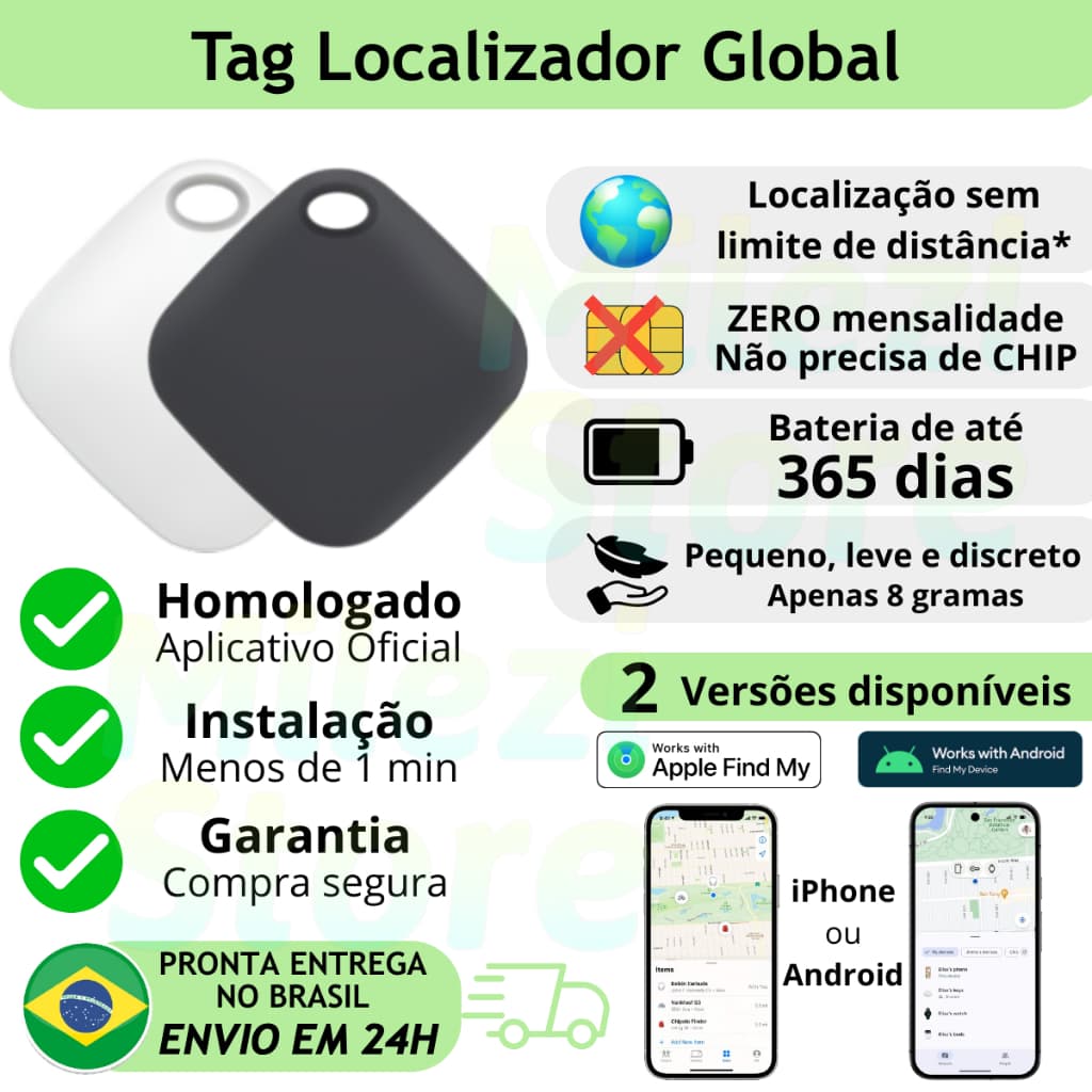 Tag Rastreador Inteligente iPhone iOS Distância ilimitada Mundial