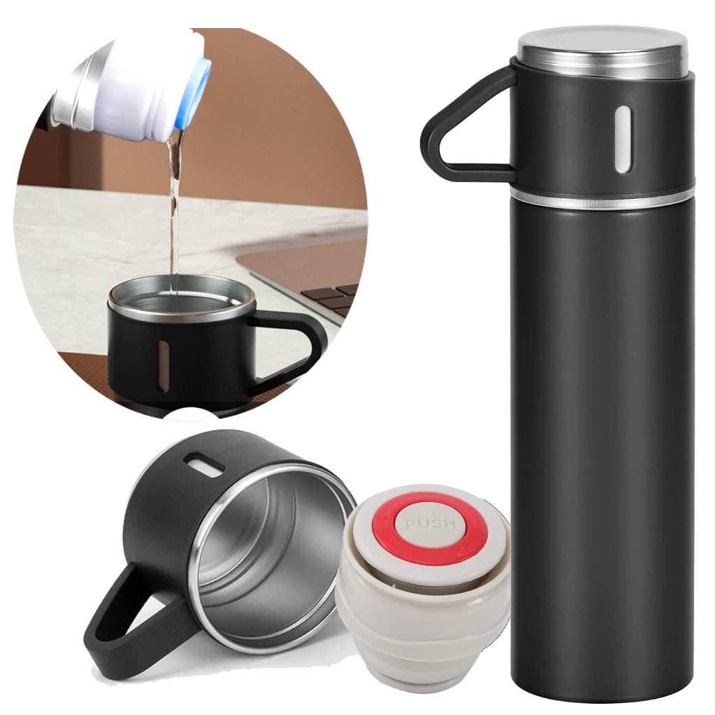 Garrafa Térmica Premium Vácuo 500ml Inox Com Caixa E  Copos - Caixa Luxo Aço Inox Para Café Chá