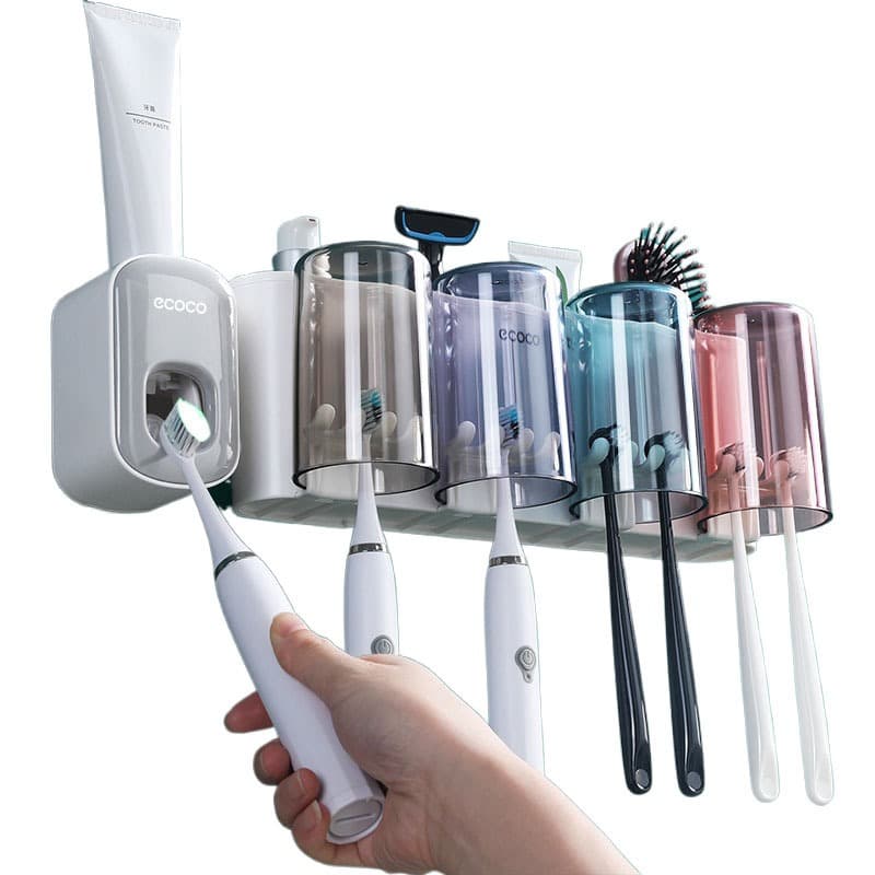 Kit Organizador Banheiro Dispenser Pasta Dental + Suporte Escova 4 Copos
