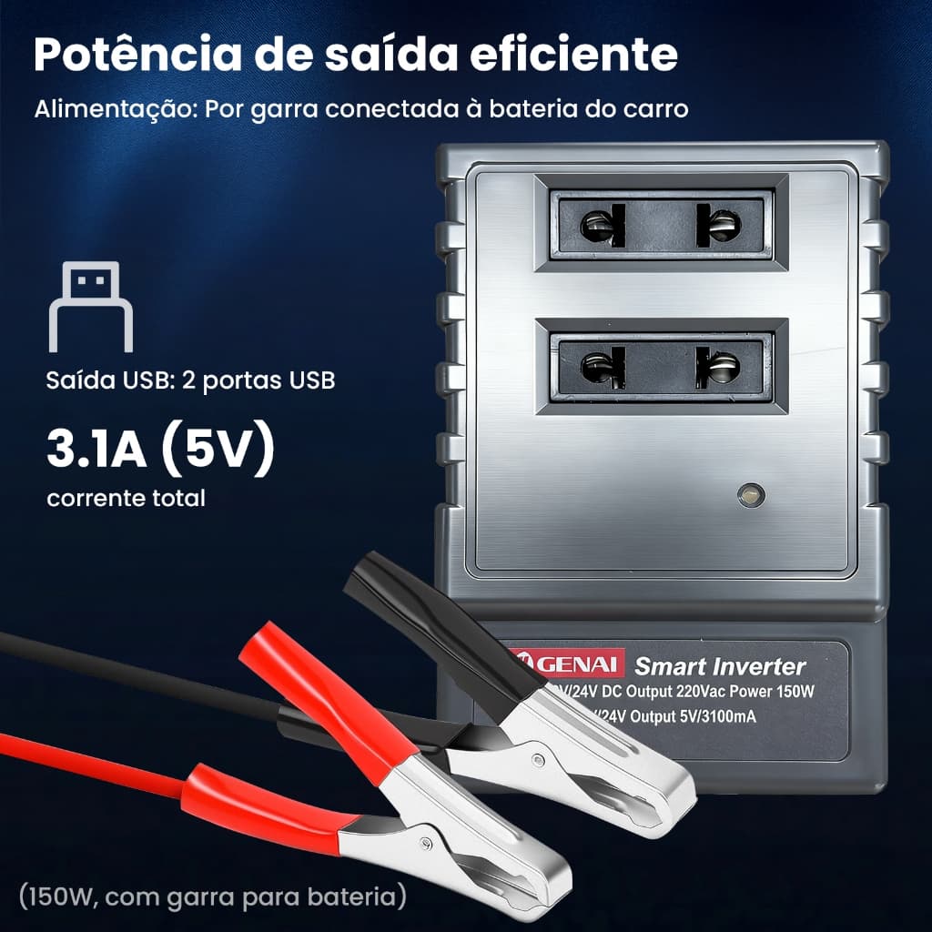 Inversor de Energia 150W/220W/350W- 12V/24V para 220V + 2 USB 3.1A e Garra para Bateria，Ideal para Viagens, Acampamentos