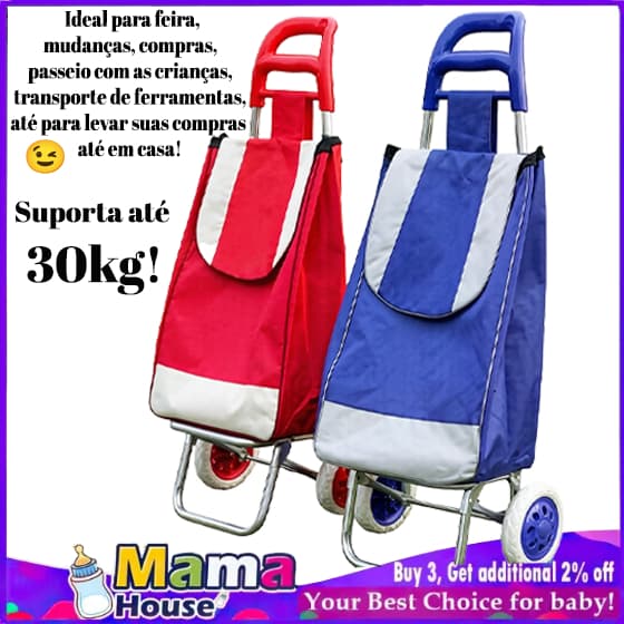 Carrinho De Compras Feira Mercado Dobrável 30 Kg Grande Mala com rodas |Carro de Compras Carro Feira