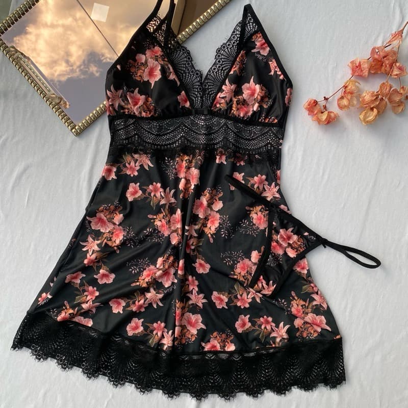 Camisola Feminina Sensual De Renda Linha Noite Pijama Com Calcinha