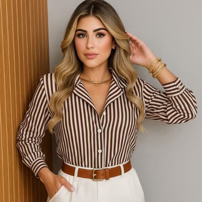 Camisa Listrada Social Feminina de Botão Manga Longa FORMA PEQUENA