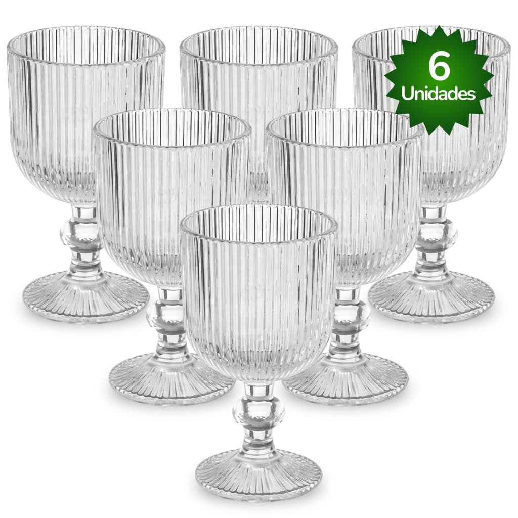 Jogo de 6 Taça Canelada Grafiato Sofia 400ml Copo Vidro Transparente Canelado