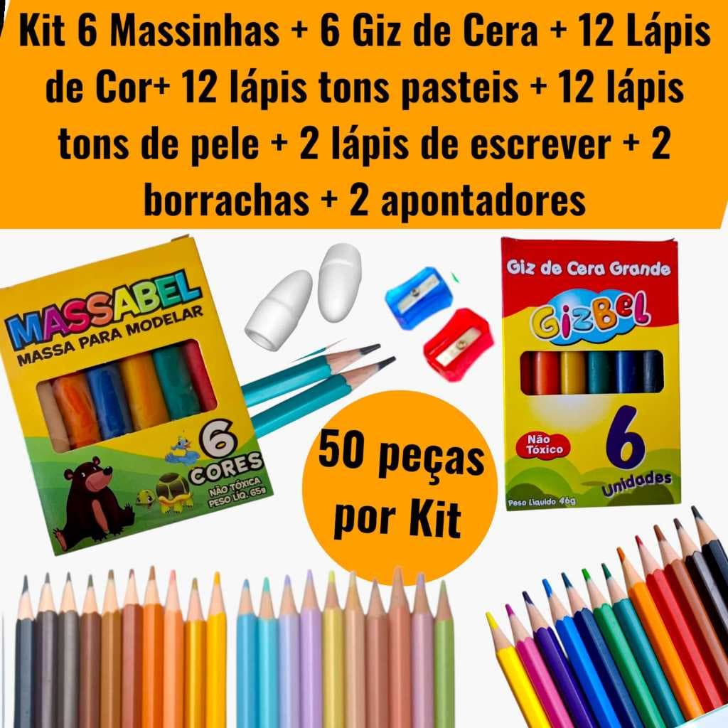 Kit Material Escolar 50 Itens Completo | Lápis de Cor + Giz + Massinha + Borracha + Apontador