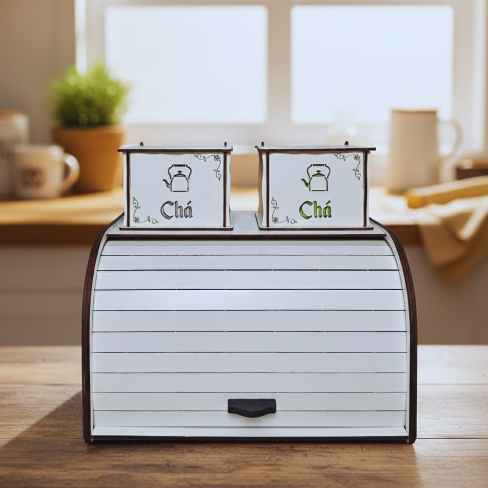 Porta Pão De Mesa E Kit 2 Caixa de Chá Organizador Cozinha Luxo Pães Biscoitos e Bolo