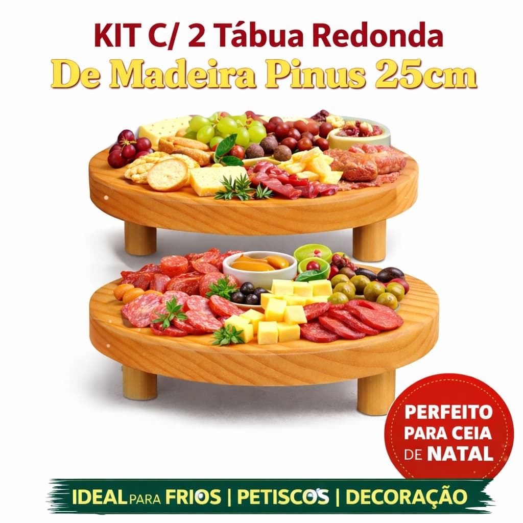 KIT C/ 2 Tábua Redonda De Madeira Pinus 25cm Petisqueira Com Pé Frios Boleira Decoração festa