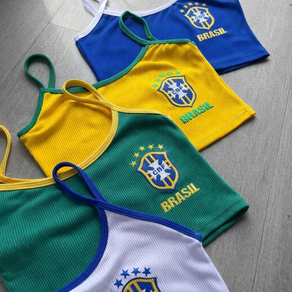Kit 3 Cropped Regata Brasil Feminina Estampado Alta Qualidade Canelado