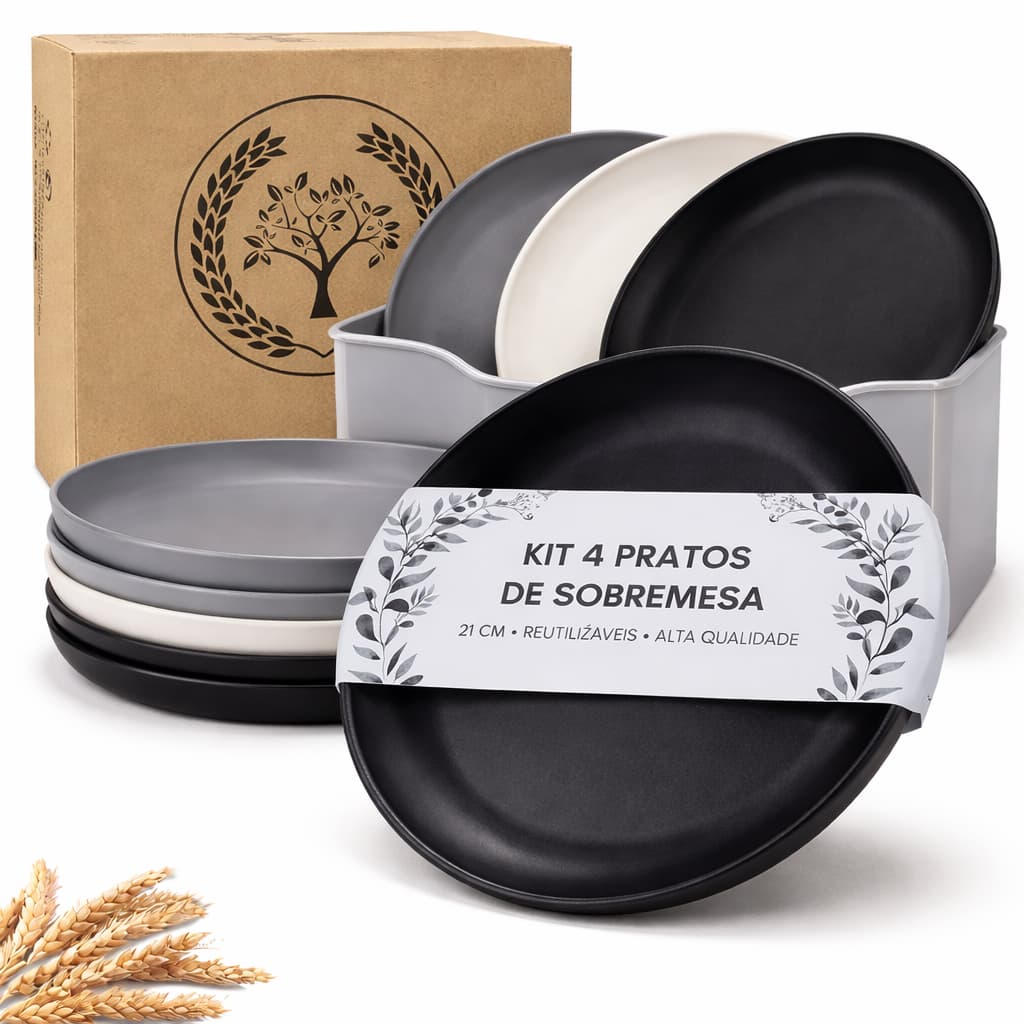 Kit 4 Pratos Rasos de Sobremesa Plástico 19 cm Reutilizáveis