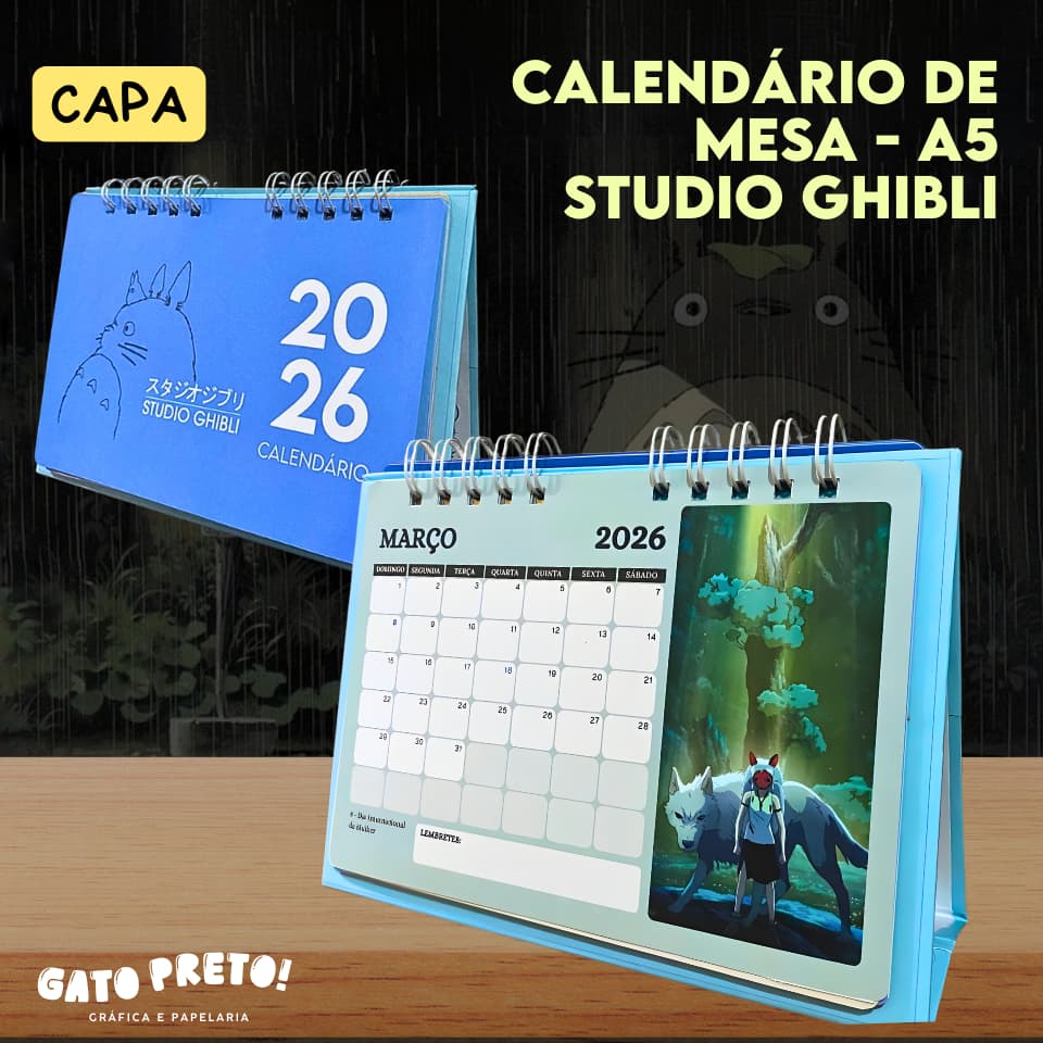 Calendário de Mesa  Studio Ghibli 2026 | Tamanho A5 (15x21cm) |  Totoro, Chihiro, Kiki, Castelo Animado | Presente Geek