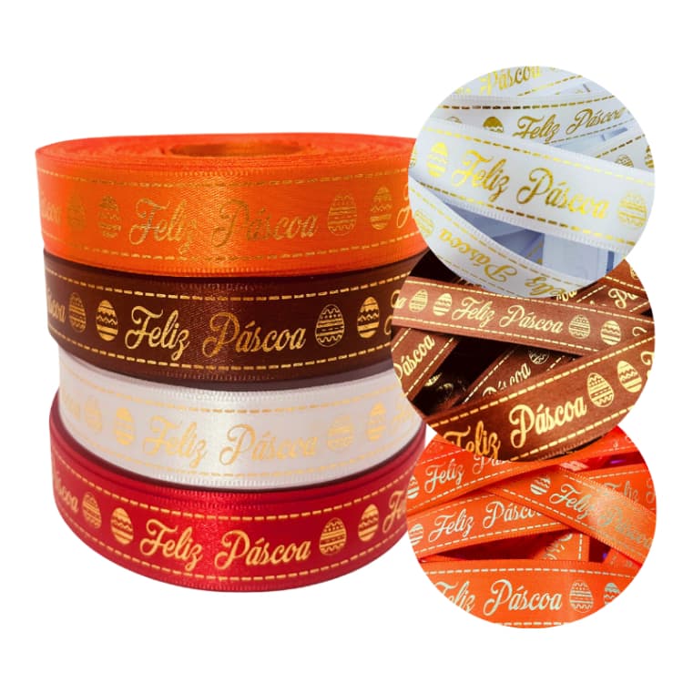 Fita de Cetim Feliz Páscoa 22mm  Para Laços e Embalagem