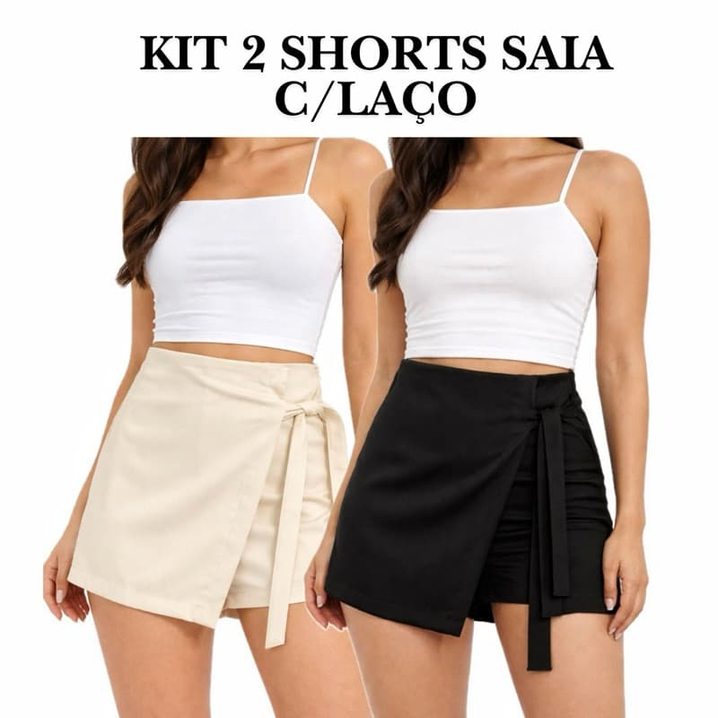 Kit 2 Short Saia Alfaiataria Feminino com Zíper e Laço Cintura Alta