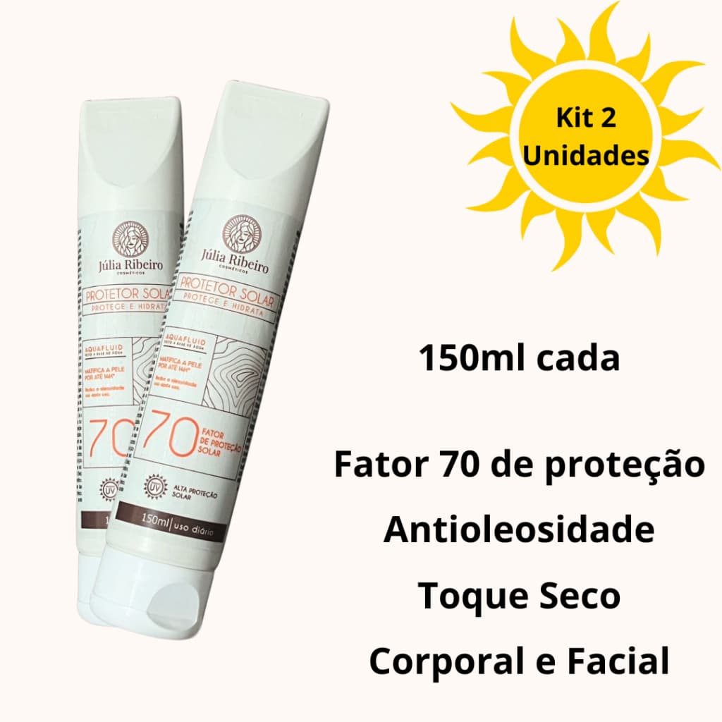 KIT 2 Protetor Solar FPS 70 150ml – Alta Proteção UVA/UVB | Toque Seco e Rápida Absorção | Uso Diário Rosto e Corpo