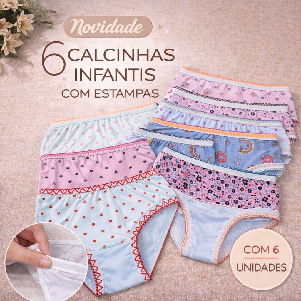 KIT 6 CALCINHAS INFANTIL 100% ALGODÃO CONFORT