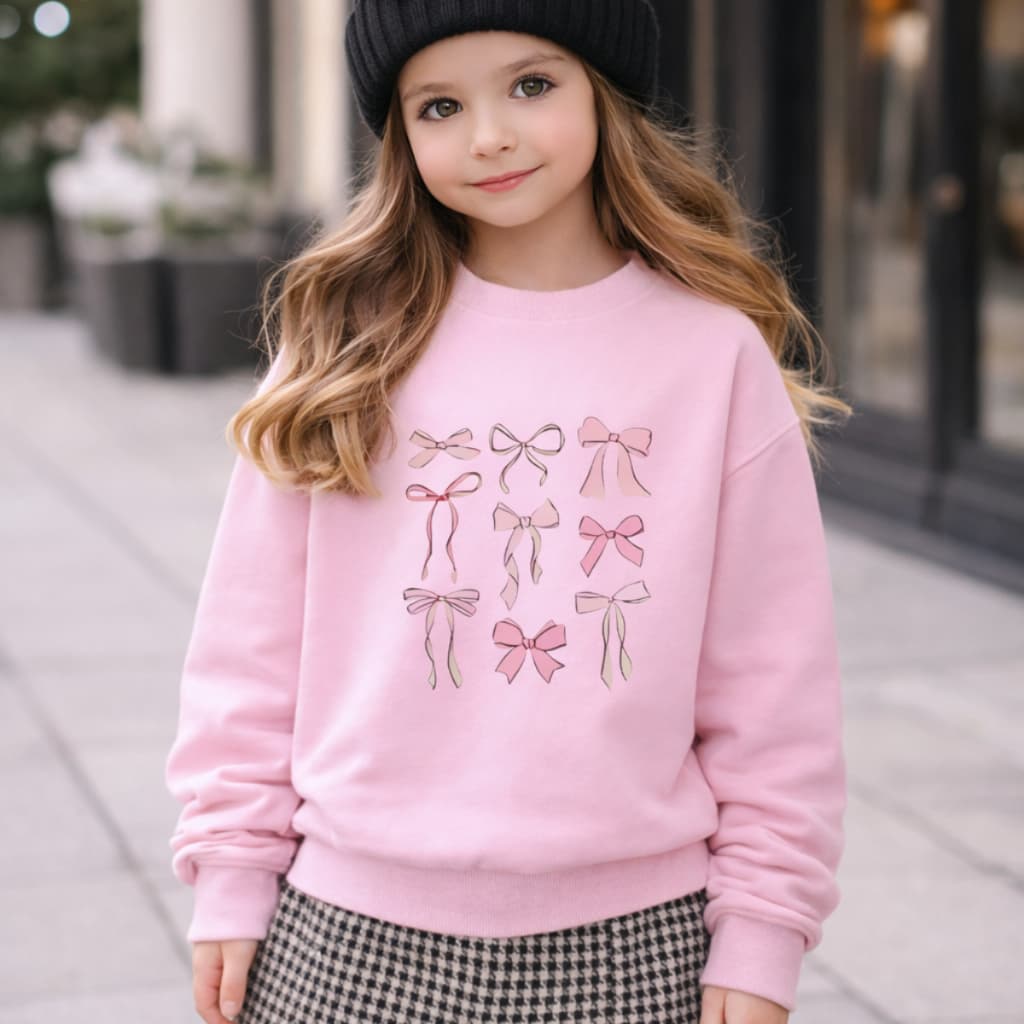 Blusa de Frio Moletom infantil Meninas Laço Rosa Delicado Gola Redonda Flanelado 02 Ao 12